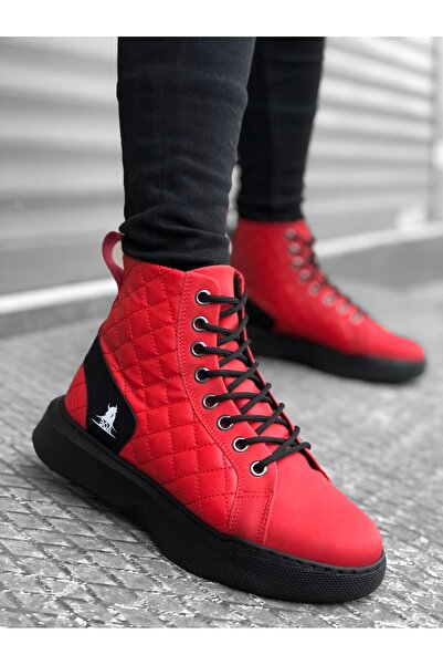 pabucmarketi Lace-Up Quilted Men's Sports Boots Red (Black Sole)