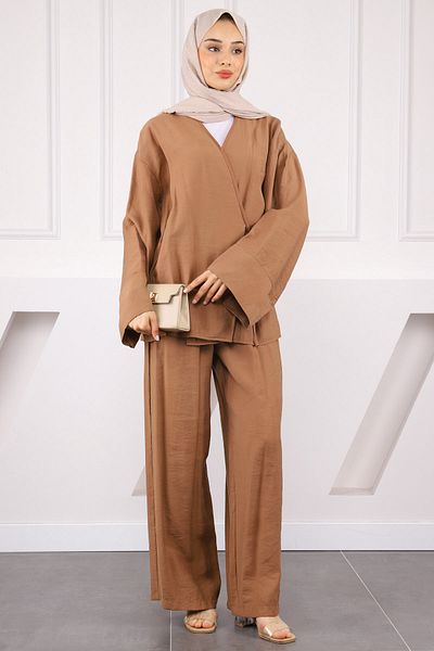 İmajButik Κοστούμι παντελόνι κιμονό με δέσιμο στη μέση Camel