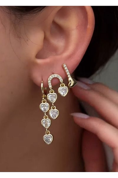 AychaAksesuar Steel Vip Ysx Pendant Zircon Stone Heart 3-Piece Set Earrings