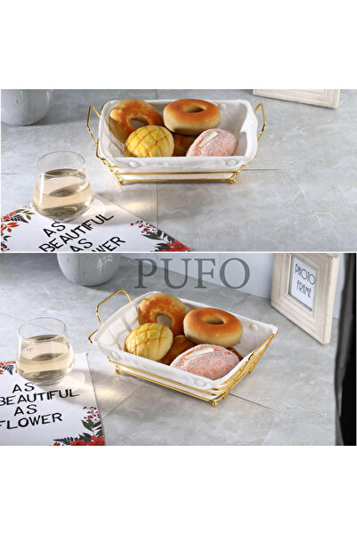 PUFO Rectangular metal basket kitchen for serving bread, with legs and removable textile cover