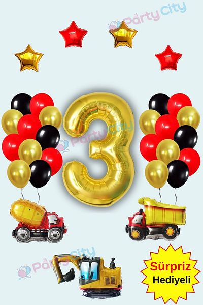 Party City 3 Year Old Construction Themed Concept Foil Balloon and Star Themed Birthday Party Celebration Set