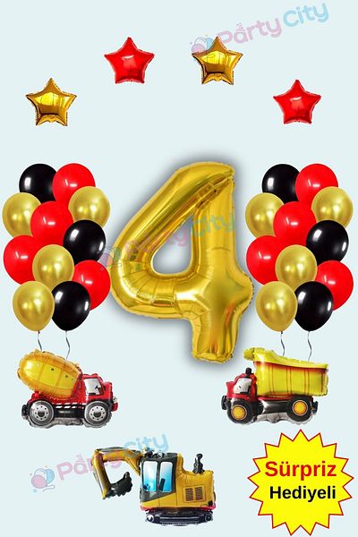 Party City Construction Themed Concept Foil Balloon and Star Themed Birthday Party Celebration Set for Age 4