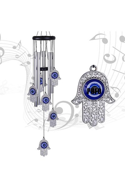 PUFO Clopoțel de vânt cu tuburi sonore metalice argintii pentru casă sau grădină, model Mâna Fatimei