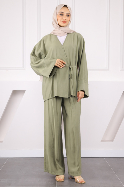 İmajButik Haki Bel Bağlamalı Modal Kimono Pantolonlu Takım