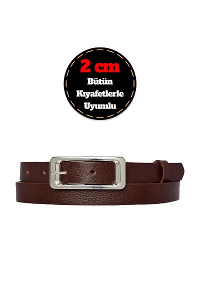 GoDeri 2 cm Thin Dark Brown Women's Belt - 100% Genuine Leather, Silver Buckle; Dress and Pants Belt