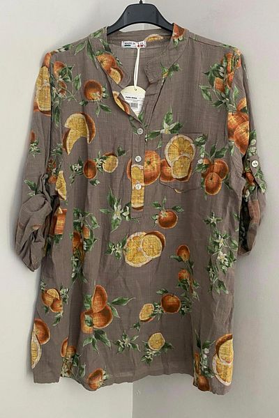 AYASOFYA OTANTIK Women's Italian Mink Orange Patterned Button Detailed Folding Orphan Sleeves 100% Cotton Blouse Shirt