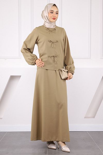 İmajButik Χακί Φιόγκος Μπροστινό Κρεπ Μπλούζα Φούστα Κοστούμι
