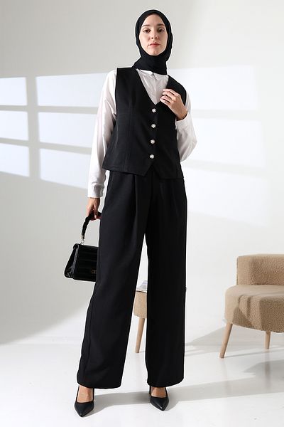 Mihran Butik Women's 100% Cotton Woven Black Vest Pants Hijab Suit