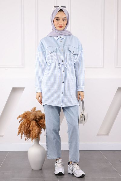 İmajButik Light Blue Shirt Garnished Denim Tunic Pants Suit