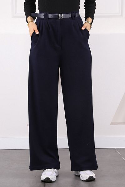 İmajButik Παντελόνι Palazzo Lycra με διπλή πλισέ ζώνη Navy Blue