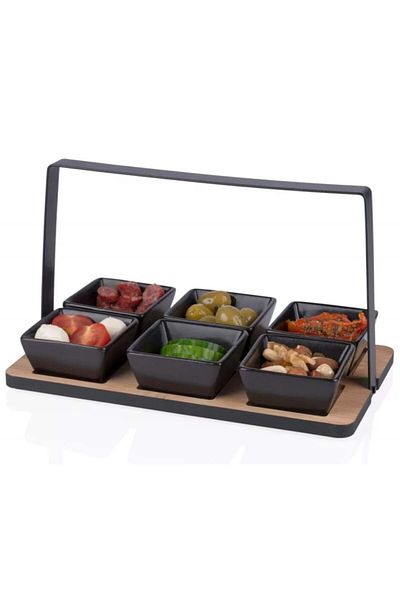 PUFO Set de 6 boluri elegante din ceramică neagră cu suport din metal și bambus pentru aperitive, gustări, fructe