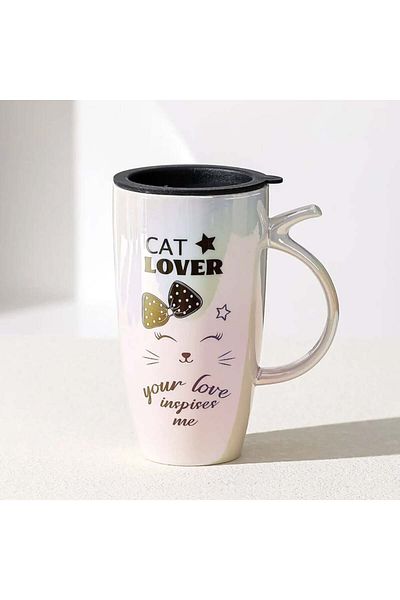 PUFO Cană înaltă din ceramică Love Inspire cu capac, pentru cafea sau ceai, 450 ml