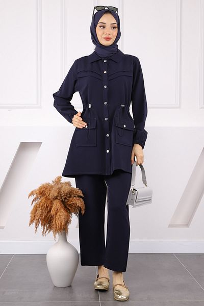 İmajButik Σετ παντελόνι τουνίκ με ελαστική μέση Navy Blue