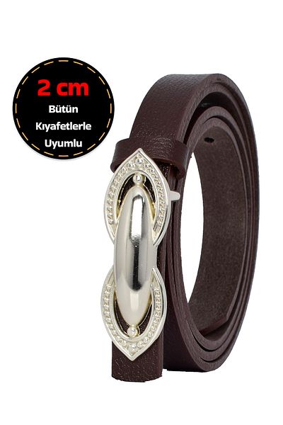 GoDeri 100% Genuine Leather Silver Buckle Thin 2 cm Dark Brown Women's Line Style Dress and Pants Belt