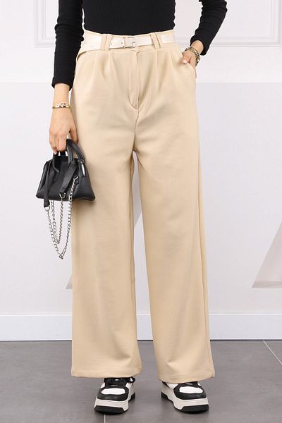 İmajButik Μπεζ διπλό πλισέ ζώνη Lycra Palazzo Παντελόνι