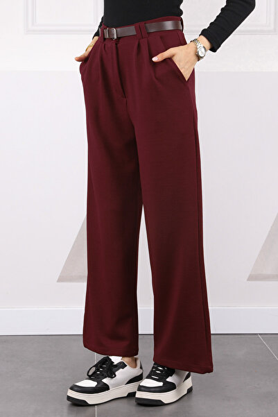 İmajButik Burgundy Double Pleated Belted Lycra Palazzo Trousers