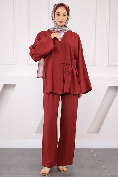 İmajButik Σετ παντελόνι κιμονό με δεμένη μέση μπορντό