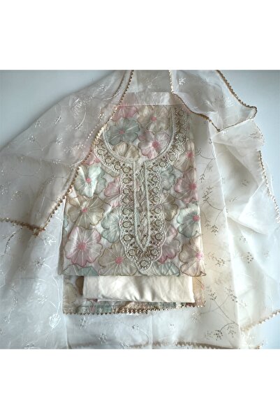 MAJESTIC STYLE FASHION Floral Printed Beads Work Organza Unstitched Dress Material