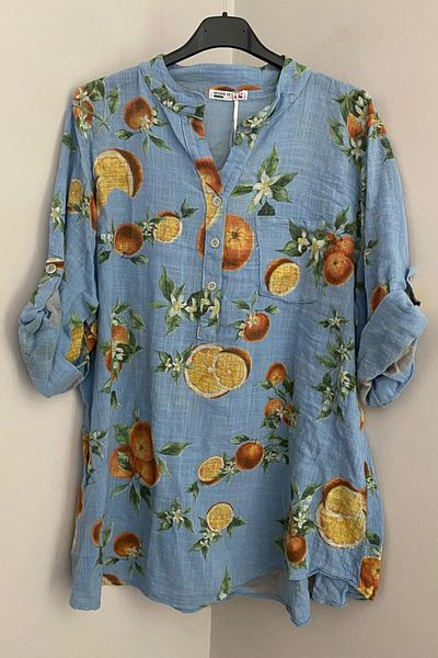 AYASOFYA OTANTIK Women's Italian Baby Blue Orange Patterned Button Detailed Folding Orphan Sleeves 100% Cotton Blouse Shirt