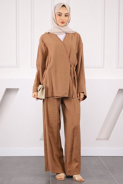 İmajButik Κοστούμι παντελόνι κιμονό με δέσιμο στη μέση Camel