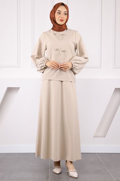 İmajButik Stone Front Bow Crepe Blouse Skirt Suit