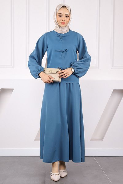 İmajButik Σετ μπλούζα κρεπ μπλούζα με φιόγκο σε μπλε βενζίνη