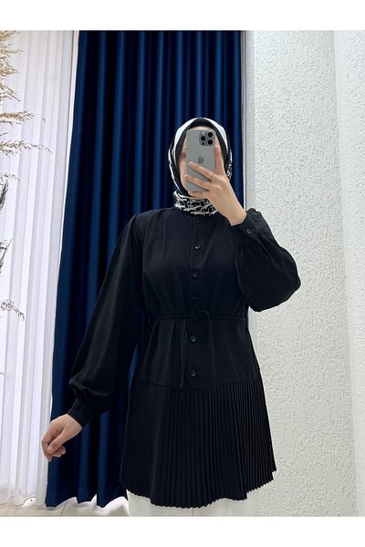 Ebrar Store Vinedra Skirt Pleated Judge Collar Linda Tunic-El1905 Black