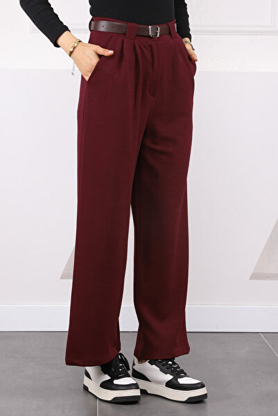 İmajButik Burgundy Double Pleated Belted Lycra Palazzo Trousers