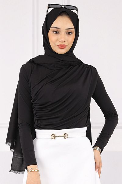 İmajButik Μαύρη μπλούζα με ντραπέ σε άμμο