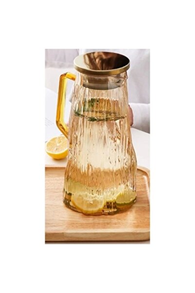 Qerhome Borosilikat Cam Metal Kapaklı Lüks Cam Sürahi 1800 ml Amber Dalgalı MT