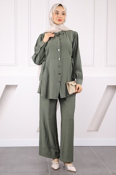 İmajButik Χακί Κοστούμι Παντελόνι Χακί Δεμένο στη μέση