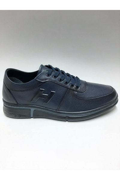 Adnan Bozkaya Genuine Leather Lace-Up Navy Blue Summer Men's Shoes