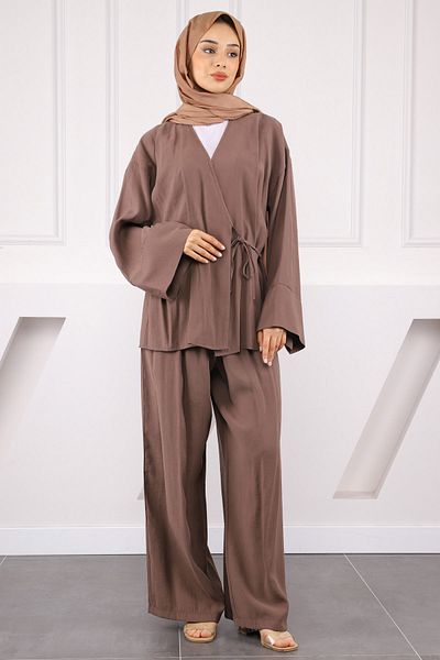 İmajButik Σετ παντελονιού Modal Kimono Tie Waist Mink