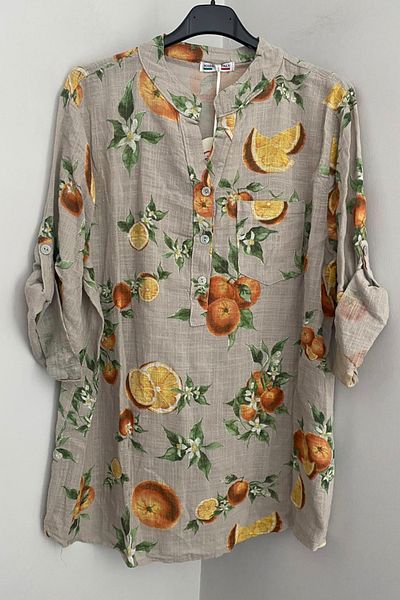 AYASOFYA OTANTIK Women's Italian Beige Orange Patterned Button Detailed Folding Orphan Sleeves 100% Cotton Blouse Shirt