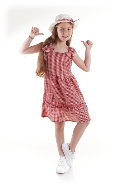 AHENGİM Girl's Dress - SeersucKer Gingham and Hat Set Ak2524