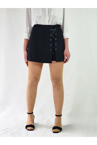 MRV DESIGN Back Skirt Look Lace up High Waist Black Woven Shorts Skirt