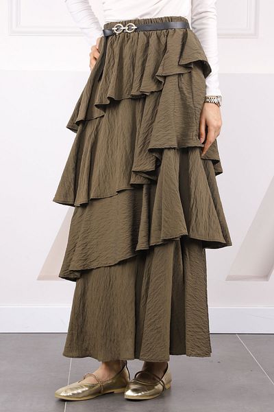İmajButik Χακί ελαστική μέση στρώσεις φούστα με ζώνη