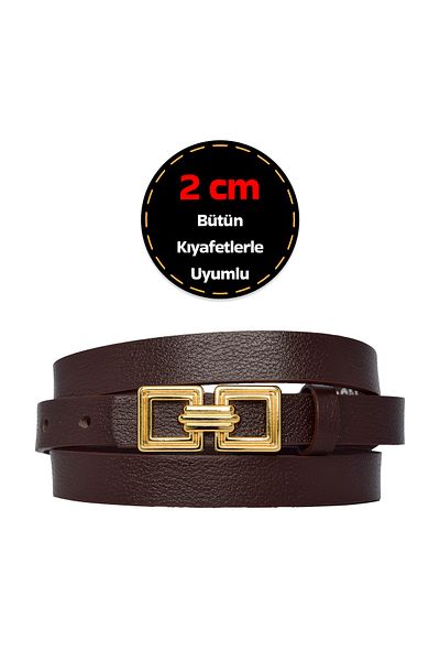 GoDeri 100% Genuine Leather, Gold Color Buckle Women's Dress, Trouser Belt 2 cm Dark Brown