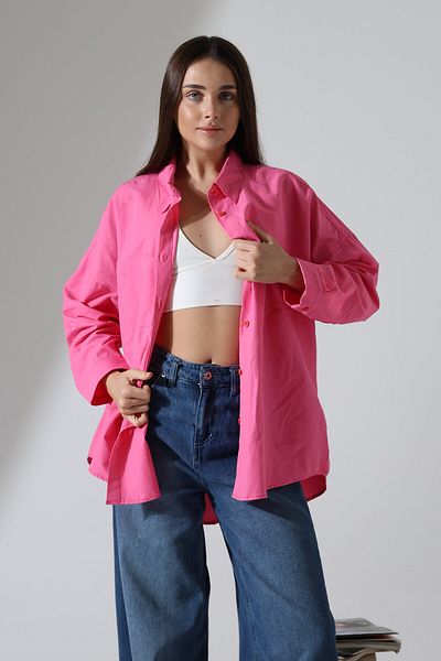Corradeo Giyim New Season Poplin Fabric Double Pocket Oversize Dark Pink Women's Tunic Shirt