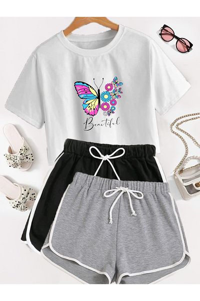 S&A DESIGN New Season Women's White Crop T-Shirt & Gray -Black Mini Shorts 3-Piece Bottom -Top Set Combination
