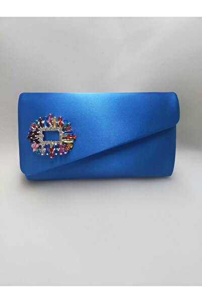 bsc حقيبة السهرة ذات اللون الأزرق الساتان اللامع من ساكس