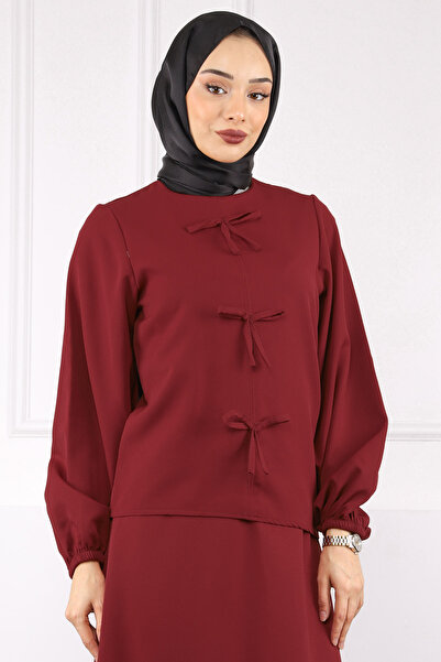 İmajButik Burgundy Bow Front Crepe Blouse Skirt Suit