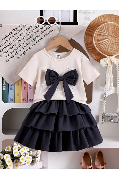 İBRE Short Sleeve Sweater with Bow Detail - Skirt Girl's Suit
