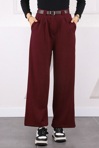 İmajButik Burgundy Double Pleated Belted Lycra Palazzo Trousers