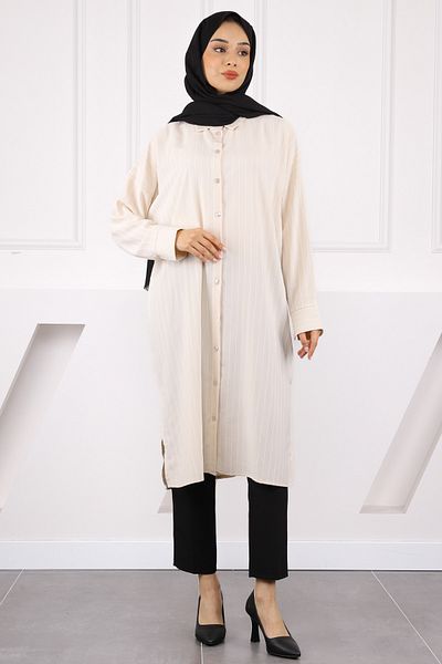 İmajButik Μπεζ ριγέ χιτώνα με σκίσιμο