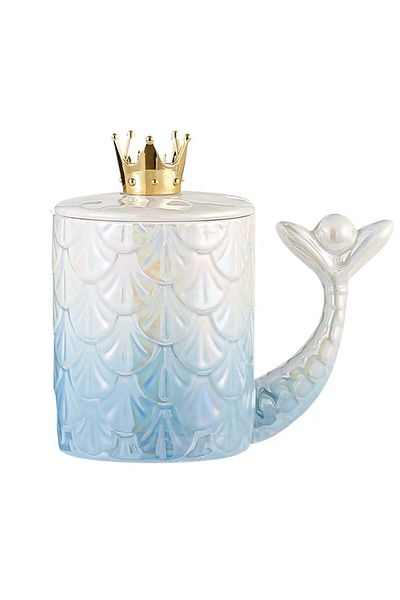 PUFO Cană ceramică Princess cu capac și linguriță pentru cafea sau ceai, 300 ml, albastră