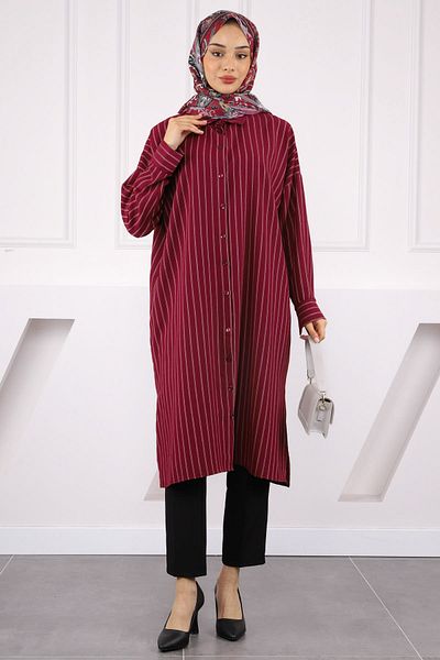 İmajButik Μπορντό ριγέ τουνίκ με σκίσιμο