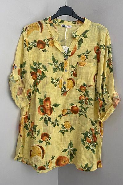 AYASOFYA OTANTIK Women's Italian Yellow Orange Patterned Button Detailed Folding Orphan Sleeves 100% Cotton Blouse Shirt