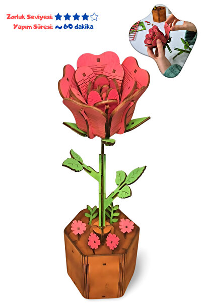 kalides Hediyelik Ahşap Çiçek - GÜL - 3D Çiçek Puzzle - DIY - Sevgililer Günü