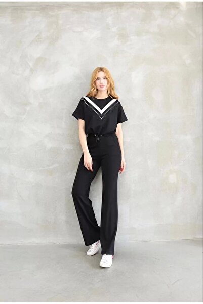 IVORA WEAR Osy Modal Μαλακό υφασμάτινο λαιμόκοψη με κοντομάνικο κοστούμι με τεμαχισμένη λεπτομέρεια - Μαύρο